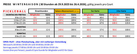 Preisliste Hallen-Pickleball 2025-26