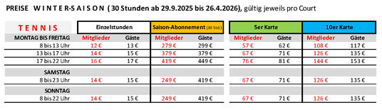 Preisliste Hallentennis 25-26